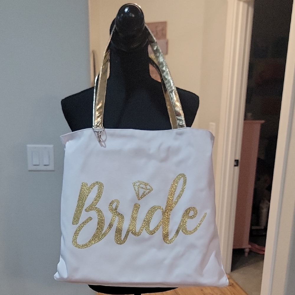 NEW Reversible Bride To Mrs. White, Gold & Pink Bride Tote Bag